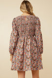 HY7411 Rust Mix Womens Smocked Bodice Peasant Sleeve Ditsy Floral Dress Detail