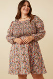 HY7411W RUST MIX Plus Smocked Bodice Peasant Sleeve Ditsy Floral Dress Front