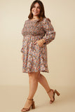 HY7411W RUST MIX Plus Smocked Bodice Peasant Sleeve Ditsy Floral Dress Detail