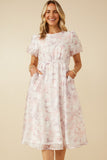 HY7425W Pink Plus Floral Puff Sleeve Gathered Neck Organza Dress Full Body