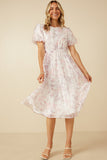 HY7425 Pink Womens Floral Puff Sleeve Gathered Neck Organza Dress Gif