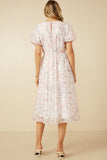 HY7425 Pink Womens Floral Puff Sleeve Gathered Neck Organza Dress Detail