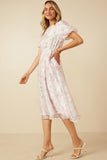 HY7425 Pink Womens Floral Puff Sleeve Gathered Neck Organza Dress Back