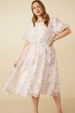 HY7425 Pink Womens Floral Puff Sleeve Gathered Neck Organza Dress Side