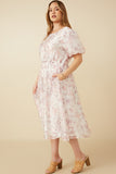 HY7425W Pink Plus Floral Puff Sleeve Gathered Neck Organza Dress Detail