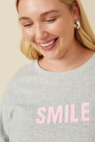 HY7429 Grey Womens Smile Text Cropped French Terry Top Front 2