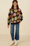 HY7433 Black Womens Retro Daisy Knit Pullover Sweater Gif