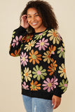 HY7433W Black Plus Retro Daisy Knit Pullover Sweater Full Body