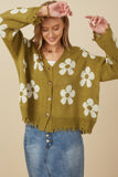 HY7434W Olive Plus Distressed Floral Patterned Cardigan Full Body