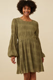 HY7455W Olive Plus Mixed Pleated Peasant Sleeve Dress Front