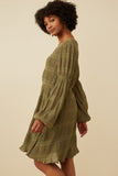 HY7455 OLIVE Womens Mixed Pleated Peasant Sleeve Dress Back