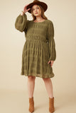 HY7455 OLIVE Womens Mixed Pleated Peasant Sleeve Dress Side