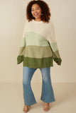 HY7462W Olive Plus Color Block Low Gauge Round Neck Sweater Full Body