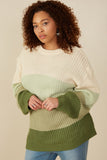 HY7462W Olive Plus Color Block Low Gauge Round Neck Sweater Front