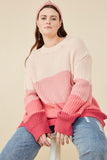 HY7462W Pink Plus Color Block Low Gauge Round Neck Sweater Pose