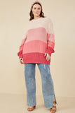 HY7462W Pink Plus Color Block Low Gauge Round Neck Sweater Full Body