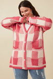 HY7463 Pink Womens Mixed Knit Statement Button Quilted Sweater Cardigan Side