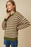 HY7464W Olive Mix Plus Striped Drop Should Low Gauge Sweater Front