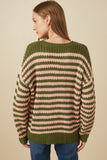 HY7464 Olive Mix Womens Striped Drop Should Low Gauge Sweater Detail