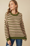 HY7464 Olive Mix Womens Striped Drop Should Low Gauge Sweater Back