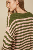 HY7464 Olive Mix Womens Striped Drop Should Low Gauge Sweater Front