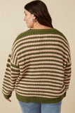 HY7464W Olive Mix Plus Striped Drop Should Low Gauge Sweater Full Body