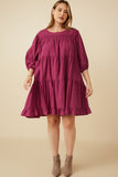 HY7465 Berry Womens Smocking Detailed Puff Sleeve Tiered Dress Full Body