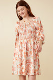 Floral Print Cinch Cuff Smocked Square Neck Dress