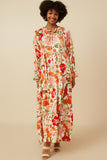 HY7472 IVORY Womens Satin Floral Tie Neck Tiered Maxi Dress Full Body
