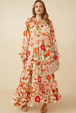 HY7472W Ivory Plus Satin Floral Tie Neck Tiered Maxi Dress Full Body