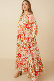 HY7472W Ivory Plus Satin Floral Tie Neck Tiered Maxi Dress Detail