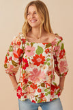 HY7473 Ivory Womens Floral Print Elastic Detail Satin Top Front