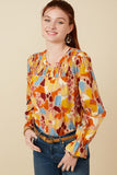 HY7474 Brown Womens Abstract Floral Smocked Yoke Top Full Body