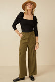 HY7494 Olive Womens Wide Leg Button Closure Cargo Pants Back