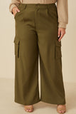 HY7494W Olive Plus Wide Leg Button Closure Cargo Pants Front