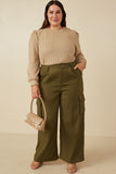 HY7494W Olive Plus Wide Leg Button Closure Cargo Pants Side