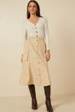 HY7498 Beige Womens Button Down Cargo Pocket Midi Skirt Back