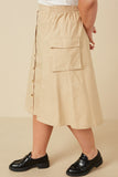 HY7498 Beige Womens Button Down Cargo Pocket Midi Skirt Full Body