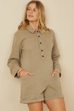 HY7516 Sage Womens Button Up Cargo Pocket Long Sleeve Romper Front