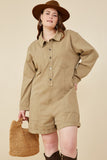 HY7516W Sage Plus Button Up Cargo Pocket Long Sleeve Romper Front