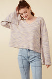 Textured V Neck Drop Shoulder Marled Knit Top