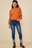 HY7527 Rust Womens Ribbed Knit Banded Detail Mock Neck Top Full Body