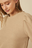 HY7527 Taupe Womens Ribbed Knit Banded Detail Mock Neck Top Front