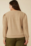 HY7527W Taupe Plus Ribbed Knit Banded Detail Mock Neck Top Gif