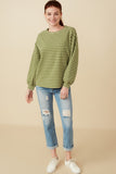 HY7528 Sage Womens Waffle Textured Striped Drop Shoulder T Shirt Gif