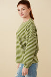 HY7528 Sage Womens Waffle Textured Striped Drop Shoulder T Shirt Full Body