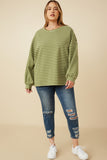 HY7528 Sage Womens Waffle Textured Striped Drop Shoulder T Shirt Back