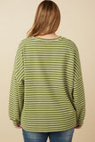 HY7528W Sage Plus Waffle Textured Striped Drop Shoulder T Shirt Full Body