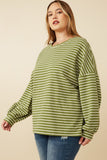 HY7528W Sage Plus Waffle Textured Striped Drop Shoulder T Shirt Detail