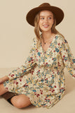 HY7540W Rust Plus Floral Print Button Up V Neck Smock Detail Dress Front